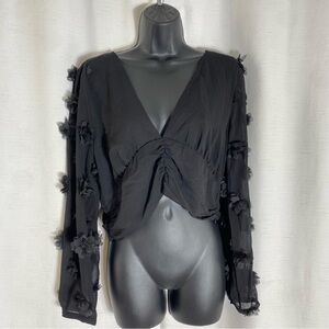 Zara Black Sheer Long Sleeve Top with Floral Accents Size XL